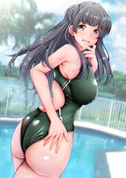 Rule 34 | aga marino, alternate costume, ass, back, bad id, bad twitter id, black hair, blue sky, blunt bangs, breasts, brown eyes, cloud, cloudy sky, competition swimsuit, cowboy shot, day, grass, green one-piece swimsuit, hand on own chin, idolmaster, idolmaster shiny colors, lake, large breasts, light particles, long hair, looking back, mayuzumi fuyuko, one-piece swimsuit, open mouth, outdoors, pool, poolside, sky, sweatdrop, swimsuit, tree, two side up, water