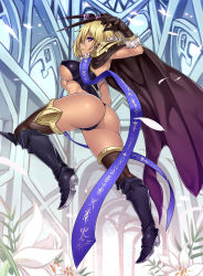 Rule 34 | 1girl, antennae, armor, ass, black thighhighs, blonde hair, breasts, cape, church, flower, fur collar, fur trim, gloves, greaves, highres, houtengeki, large breasts, leaf, light smile, original, patterned, pauldrons, petals, plant, purple eyes, short hair, shoulder armor, solo, thighhighs, tight clothes, underboob, window