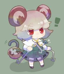 Rule 34 | !, animal ears, black footwear, bloomers, capelet, chibi, crystal, dowsing rod, full body, grey hair, grey skirt, grey vest, ikururu, jewelry, long sleeves, looking at viewer, mary janes, mouse (animal), mouse ears, mouse girl, mouse tail, nazrin, pendant, red eyes, shirt, shoes, short hair, skirt, skirt set, socks, solo, tail, touhou, underwear, vest, white capelet, white shirt, white socks