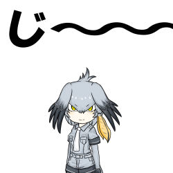 Rule 34 | 1girl, absurdres, black gloves, black hair, blonde hair, breast pocket, closed mouth, feathered wings, gloves, grey hair, grey shirt, grey shorts, hair between eyes, head wings, highres, kemono friends, looking at viewer, multicolored hair, necktie, pocket, shirt, shoebill (kemono friends), shorts, shui5656, simple background, solo, staring, upper body, white background, white necktie, wings, yellow eyes