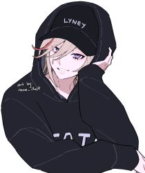 Rule 34 | 1boy, artist name, baseball cap, black hat, black hoodie, blonde hair, character name, clothes writing, commentary, cropped torso, elbow rest, english commentary, facial mark, genshin impact, hair between eyes, hand up, hat, head rest, hood, hood up, hoodie, long sleeves, looking at viewer, lyney (genshin impact), male focus, medium hair, multicolored hair, nana illust, parted bangs, parted lips, purple eyes, red hair, simple background, sleeves past wrists, smile, solo, streaked hair, swept bangs, teardrop facial mark, upper body, white background