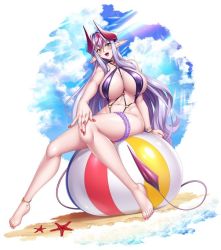 Rule 34 | 1girl, anklet, ball, barefoot, beach, beachball, bracelet, breasts, choker, green eyes, horns, jewelry, kagami hirotaka, large breasts, lilim (awoken), lilith-soft, long hair, looking at viewer, nail polish, one-piece swimsuit, open mouth, pointy ears, purple hair, purple one-piece swimsuit, red nails, shiny skin, sitting, slingshot swimsuit, smile, swimsuit, tail, taimanin (series), taimanin rpgx, thigh strap, toenail polish, toenails