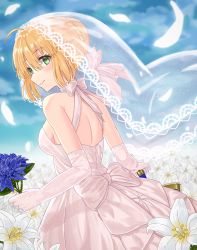 Rule 34 | 1girl, ahoge, artoria pendragon (all), artoria pendragon (fate), bad id, bad pixiv id, bare back, blonde hair, blue sky, blush, bouquet, breasts, bridal veil, commentary request, dress, elbow gloves, fate/grand order, fate (series), flower, gloves, green eyes, hair bun, highres, holding, holding bouquet, kazama (akki12), looking at viewer, looking back, medium breasts, official alternate costume, petals, saber (fate), saber (royal dress) (fate), short hair, sideboob, single hair bun, sky, smile, solo, veil, wedding dress, white gloves