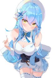Rule 34 | 1girl, ahoge, bare shoulders, blue hair, blush, breasts, bsmycc, cleavage, cotton swab, ear cleaning, elf, eyebrows hidden by hair, flower, hair flower, hair ornament, half updo, highres, hololive, long hair, looking at viewer, medium breasts, multicolored hair, pink hair, pointy ears, solo, thighhighs, very long hair, vest, virtual youtuber, white thighhighs, yellow eyes, yukihana lamy
