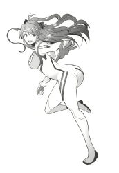 Rule 34 | 1girl, absurdres, ass, bodysuit, breasts, evangelion: 3.0+1.0 thrice upon a time, eyepatch, unworn eyepatch, full body, greyscale, hair ornament, highres, huge ass, indoors, jumping, large breasts, long hair, looking at viewer, looking back, monochrome, neon genesis evangelion, open mouth, pilot suit, plugsuit, rebuild of evangelion, sakai hamachi, simple background, smile, solo, souryuu asuka langley, very long hair, wide hips