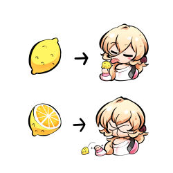 anatomical_nonsense arrow_(symbol) blonde_hair blush_stickers closed_eyes food fruit holding holding_food holding_fruit kashuu_(b-q) lemon lemon_slice licking licking_lemon meme original puckered_face simple_background sour_(taste) thour_(meme) tongue tongue_out white_background