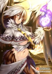 Rule 34 | &gt;:(, 1girl, ahoge, animal hands, bird wings, breasts, breasts squeezed together, brown feathers, brown hair, butter-t, claws, energy, energy ball, facial tattoo, feathers, fire, frown, griffon (monster girl encyclopedia), jewelry, large breasts, looking at viewer, magic, midriff, monster girl, monster girl encyclopedia, monster girl encyclopedia ii, navel, patreon logo, patreon username, purple fire, solo, spread wings, standing, tattoo, underboob, v-shaped eyebrows, white feathers, white hair, wings, yellow eyes