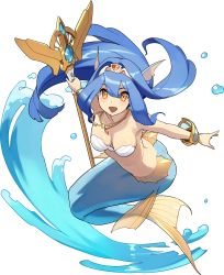 Rule 34 | 1girl, amelia (world flipper), arm up, artist request, bare shoulders, bikini, bikini top only, blue gemstone, blue hair, blush, bracelet, breasts, bubble, cleavage, collarbone, crystal, female focus, fins, full body, gem, hair intakes, happy, head fins, highres, jewelry, leaning forward, light blush, long hair, looking at viewer, medium breasts, mermaid, monster girl, necklace, non-web source, official art, open mouth, orange eyes, outstretched arms, red gemstone, shell, shell bikini, shiny skin, sidelocks, simple background, smile, solo, swimsuit, tiara, transparent background, water, white bikini, white headwear, world flipper
