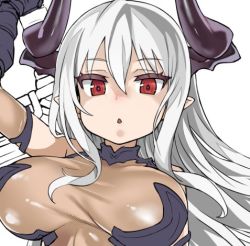 Rule 34 | 10s, 1girl, :o, asanagi, borrowed character, breasts, colo mag-chan, colossus (granblue fantasy), draph, eyebrows, granblue fantasy, hair between eyes, horns, large breasts, leotard, long hair, looking at viewer, lowres, open mouth, original, pointy ears, red eyes, simple background, solo, unfinished, upper body, white background, white hair