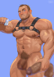 Rule 34 | 1boy, abs, armpit hair, armpit hair peek, bald spot, bara, beard, biceps, blue eyes, blush, brown hair, cerberus arts, chest belt, come hither, completely nude, condom, dark-skinned male, dark skin, dildo, facial hair, feet out of frame, flaccid, foreskin, hand up, highres, holding, holding condom, holding sex toy, large pectorals, looking at viewer, male focus, male pubic hair, mature male, muscular, muscular male, navel, navel hair, nipples, nude, o-ring, o-ring top, original, paid reward available, pectoral press, pectorals, pubic hair, seductive smile, sex toy, short hair, sideburns, smile, solo, standing, stomach, sweat, thick eyebrows, thick thighs, thighs, veins, veiny arms