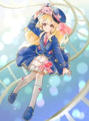 1girl aikatsu! aikatsu!_(series) arm_up blonde_hair blue_footwear blue_jacket blue_skirt blush collared_shirt commentary_request floating frilled_skirt frilled_socks frills hat highres hoshimiya_ichigo idol jacket koedo loafers long_hair looking_up multicolored_clothes multicolored_skirt on_head partial_commentary railroad_tracks red_eyes shirt shoes skirt smile bow_legwear socks solo star_(symbol) stuffed_animal stuffed_toy teddy_bear train_station uniform white_shirt white_skirt white_socks