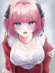 Rule 34 | 1girl, arm at side, blue eyes, blunt bangs, blush, bra visible through clothes, breasts, cleavage, from above, go-toubun no hanayome, highres, jacket, large breasts, long hair, looking at viewer, nakano nino, open clothes, open jacket, open mouth, pink hair, rain, see-through, shirt, simple background, track suit, upper body, wet, wet clothes, wet shirt, white shirt, zr04