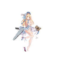 Rule 34 | 1girl, alternate costume, armband, bare shoulders, blonde hair, blue eyes, blue footwear, blue hat, blue neckwear, blue ribbon, blush, bow, breasts, breasts out, broken, butterfly ornament, cleavage, crossed arms, cuffs, deck, dress, floral print, frilled dress, frills, full body, hair ornament, hairclip, handcuffs, hat, hat bow, hat ribbon, high heels, leg up, lolita fashion, long hair, looking at viewer, machinery, medium breasts, official art, open mouth, pantyhose, ribbon, saratoga (warship girls r), shoes, smoke, solo, stuffed animal, stuffed toy, suisai., teddy bear, torn clothes, torn legwear, torn pantyhose, transparent background, turning head, unworn shoes, warship girls r, white pantyhose