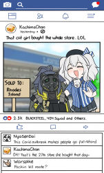 Rule 34 | 2girls, :d, \n/, ^ ^, animal ears, antenna hair, arknights, arrow (symbol), black gloves, black skirt, blue shirt, blurry, blurry background, blush, brown gloves, closed eyes, commentary, coronavirus pandemic, crossover, depth of field, employee uniform, english commentary, english text, facebook, facing viewer, fake animal ears, gloves, grey jacket, guin guin, high ponytail, highres, jacket, jessica (arknights), kantai collection, kashima (kancolle), lawson, mask, mask around neck, multiple girls, open mouth, pleated skirt, ponytail, profanity, purple hair, shirt, sign, skirt, smile, speech bubble, striped clothes, striped shirt, twintails, uniform, v, vertical-striped clothes, vertical-striped shirt, white hair