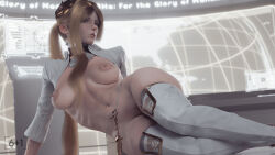 Rule 34 | 1girl, 3d, arm support, artist name, blue eyes, boots, breasts, breasts apart, brown hair, commander (nier:automata), cropped jacket, eyelashes, groin, highres, indoors, jacket, lips, long hair, long sleeves, lying, medium breasts, navel, nier:automata, nier (series), nipples, nose, nude, on side, open clothes, original, parted bangs, parted lips, ponytail, screen, seven (sixplusone), solo, stomach, thigh boots, thighhighs, thighs, turtleneck, turtleneck jacket, white footwear, white jacket