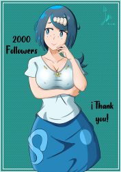 Rule 34 | absurdres, bad id, bad twitter id, blue eyes, blue hair, blush, breast hold, breasts, collarbone, creatures (company), dated, game freak, hair ornament, highres, laceysx, lana&#039;s mother (pokemon), large breasts, lingerie, lipstick, makeup, medium hair, navel, nintendo, nipples, pokemon, pokemon (anime), pokemon sm (anime), pubic hair, solo, thank you, thighhighs, thong, underwear