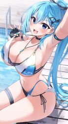 Rule 34 | 1girl, arm strap, arm up, armpits, bare shoulders, bikini, black choker, black gloves, blue eyes, blue hair, blurry, breasts, choker, cleavage, depth of field, fingerless gloves, gloves, hair ornament, hairclip, halterneck, hand up, highleg, highleg bikini, highres, jewelry, large breasts, long hair, looking at viewer, morros, multi-strapped bikini bottom, navel, necklace, open mouth, original, ponytail, poolside, pulled by self, side-tie bikini bottom, sitting, smile, solo, stomach, strap pull, string bikini, swimsuit, thigh strap, thighs, very long hair, water, wet, white bikini