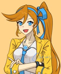 Rule 34 | 1girl, :d, absurdres, ace attorney, athena cykes, black gloves, blue bow, blue eyes, blue necktie, bow, collarbone, collared shirt, crescent, crescent earrings, crossed arms, earrings, eyelashes, ganbeijiang0314, gloves, hair between eyes, hair bow, highres, jacket, jewelry, long hair, looking at viewer, necklace, necktie, open clothes, open jacket, open mouth, orange hair, shirt, side ponytail, single earring, single glove, smile, solo, white shirt, yellow jacket