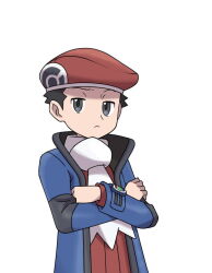 Rule 34 | 1boy, asatsuki (fgfff), black hair, blue coat, closed mouth, coat, commentary request, creatures (company), crossed arms, frown, game freak, grey eyes, hat, long sleeves, looking at viewer, lucas (pokemon), male focus, nintendo, open clothes, open coat, pokemon, pokemon dppt, pokemon platinum, poketch, red hat, red sweater, scarf, short hair, simple background, solo, sweater, upper body, watch, white background, white scarf, wristwatch