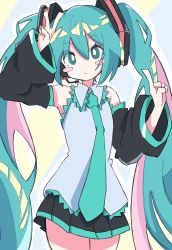 Rule 34 | 1girl, absurdres, aqua eyes, aqua hair, artist request, blush stickers, closed mouth, detached sleeves, frilled shirt, frilled shirt collar, frills, hair ornament, hand up, hatsune miku, headphones, highres, long hair, looking at viewer, miniskirt, n40a1, necktie, pleated skirt, pointing, pointing up, shirt, skirt, solo, twintails, v, very long hair, vocaloid