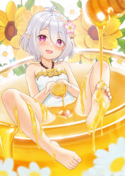 Rule 34 | 1girl, :d, antenna hair, bare legs, bare shoulders, barefoot, blush, bowl, breasts, dripping, elf, feet, flower, food, food on body, food on toes, fukuro daizi, green one-piece swimsuit, hair flower, hair ornament, highres, holding, holding food, honey, honey dipper, kokkoro (princess connect!), legs up, looking at viewer, one-piece swimsuit, open mouth, oversized object, own hands together, partially submerged, pink eyes, pink flower, pointy ears, princess connect!, short hair, silver hair, sitting, small breasts, smile, solo, swimsuit, toes, white flower
