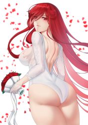 Rule 34 | 1girl, absurdres, ass, back, bouquet, breasts, closed mouth, cojohn, fate/grand order, fate (series), flower, gloves, hair ornament, highleg, highres, holding, holding bouquet, large breasts, long hair, looking at viewer, oda nobunaga, oda nobunaga (fate), oda nobunaga (maou avenger) (fate), red eyes, red hair, rose, sideboob, very long hair, white background