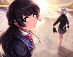Rule 34 | 2girls, :o, bare legs, barefoot, beach, black hair, blue eyes, cloud, cloudy sky, footprints, from behind, from side, hair ornament, hairclip, highres, higuchi kaede, higuchi kaede (1st costume), holding, holding shoes, kneepits, loafers, looking at viewer, multiple girls, nijisanji, open mouth, plaid, plaid skirt, ponytail, profile, sand, school uniform, shashaki, shoes, silver hair, skirt, sky, sun, teeth, tsukino mito, tsukino mito (1st costume), virtual youtuber, water