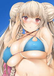 Rule 34 | 1girl, :&lt;, ahoge, alternate costume, azur lane, bad id, bad twitter id, bare arms, bare shoulders, bikini, blue bikini, blush, braid, breasts, choker, cleavage, closed mouth, covered erect nipples, day, double bun, formidable (azur lane), formidable (the lady of the beach) (azur lane), fumihiko (fu mihi ko), grey hair, hair bun, hand in own hair, highres, indoors, large breasts, long hair, looking at viewer, navel, nose blush, red eyes, shiny skin, solo, swimsuit, twintails, upper body, very long hair