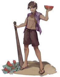 Rule 34 | 1boy, abs, absurdres, baseball bat, brown hair, brown shorts, food, fruit, heathcliff (project moon), highres, holding, holding baseball bat, holding food, holding fruit, jacket, limbus company, lk0 71604, looking at viewer, open clothes, open jacket, open mouth, pectorals, project moon, purple eyes, purple jacket, sand, sandals, shorts, simple background, smile, solo, suikawari, watermelon, white background