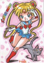 Rule 34 | 1990s (style), bishoujo senshi sailor moon, blonde hair, blue eyes, blush, cat, luna (sailor moon), rodeorodeo, sailor moon, smile, tsukino usagi, v