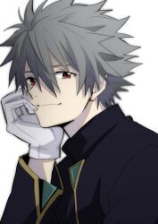 Rule 34 | 1boy, absurdres, black jacket, closed mouth, gloves, grey hair, hair between eyes, hand on own face, hand up, highres, jacket, long sleeves, looking at viewer, male focus, nagisa kaworu, neon genesis evangelion, red eyes, short hair, simple background, smile, solo, tousok, upper body, white background, white gloves