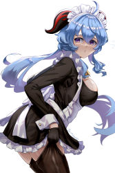 Rule 34 | 1girl, ahoge, alternate costume, apron, artist name, bell, black dress, black gloves, black thighhighs, blue hair, breasts, burnt green tea, cowbell, dress, enmaided, from side, ganyu (genshin impact), genshin impact, gloves, goat horns, hair between eyes, highres, horns, large breasts, long hair, long sleeves, maid, maid apron, maid headdress, parted lips, pulling own clothes, purple eyes, sideboob, solo, thighhighs, thighhighs pull, white background, white wrist cuffs, wrist cuffs