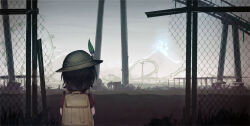 Rule 34 | 1girl, backpack, bag, black hair, commentary, english commentary, fence, ferris wheel, from behind, hat feather, helmet, jacy, kaban (kemono friends), kemono friends, pith helmet, red shirt, roller coaster, ruins, shirt, solo, upper body