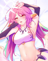 Rule 34 | + +, 1girl, absurdres, angel wings, armpits, arms up, bare shoulders, bed sheet, blush, breasts, bridal gauntlets, cape, collarbone, commentary request, spiked halo, crop top, feathered wings, gradient hair, groin, hair between eyes, halo, highres, jibril (no game no life), long hair, looking at viewer, low wings, lying, medium breasts, midriff, multicolored hair, navel, no game no life, on back, open mouth, pink hair, saliva, shadow, shirt, sideboob, sidelocks, signature, single bridal gauntlet, sleeveless, sleeveless shirt, solo, tao dazhuang, tattoo, upper body, waist cape, white shirt, white wings, wing ears, wings, yellow cape, yellow eyes