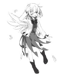 Rule 34 | 1girl, absurdres, blush, bow, bowtie, brooch, commentary, dress, falling feathers, feathered wings, feathers, greyscale, highres, jacket, jewelry, kishin sagume, long sleeves, looking at viewer, monochrome, one eye closed, open clothes, open jacket, open mouth, single wing, smile, solo, touhou, tsuukinkaisoku oomiya, wings
