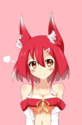 Rule 34 | 1girl, animal ears, bare shoulders, blush, breasts, busoushinkimms, cleavage, fox ears, heart, highres, navel, original, pink background, red hair, short hair, simple background, smile, solo