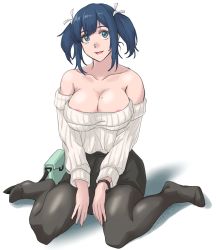 Rule 34 | 1girl, alternate costume, areola slip, bag, black pantyhose, black skirt, blue eyes, blue hair, full body, highres, kantai collection, looking at viewer, medium hair, off-shoulder sweater, off shoulder, pantyhose, pencil skirt, ribbed sweater, simple background, sitting, skirt, smile, solo, souryuu (kancolle), sozan, sweater, twintails, wariza, white background, white sweater