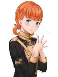 Rule 34 | 1girl, annette fantine dominic, artist name, blue eyes, blush, fire emblem, fire emblem: three houses, flower, looking at viewer, niko (aiai03012), nintendo, orange hair, simple background, solo, twintails, uniform, upper body, white background
