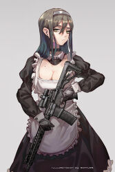Rule 34 | 1girl, :/, absurdres, apron, ar-15, artist name, assault rifle, black choker, black dress, black gloves, black hair, breasts, bright pupils, choker, cleavage, closed mouth, detached collar, dress, ear piercing, earrings, english text, frilled apron, frills, gloves, gradient hair, green eyes, grey background, grey eyes, grey hairband, gun, hair between eyes, hairband, highres, jewelry, long eyelashes, long hair, long sleeves, looking away, maid, maid apron, medium breasts, multicolored clothes, multicolored hair, optical sight, original, piercing, rifle, serious, sleeve cuffs, solo, somnuss, stud earrings, trigger discipline, weapon, white apron