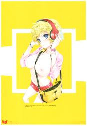 Rule 34 | 1girl, absurdres, bag, beads, beats by dr. dre, between breasts, blonde hair, blue eyes, blush, breasts, hands on headphones, happoubi jin, headphones, highres, jacket, large breasts, navel, nipples, parted lips, scan, short hair, short shorts, shorts, shoulder bag, solo, watch, wristwatch