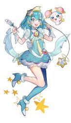 Rule 34 | 1girl, :d, absurdres, antennae, back bow, blue bow, blue eyes, blue footwear, blue hair, blue neckwear, blue pantyhose, bow, bubble skirt, choker, coletta (colet colettia), creature, cure milky, full body, fuwa (precure), hagoromo lala, hair ornament, highres, holding, holding pen, looking at viewer, magical girl, open mouth, pantyhose, pen, pointy ears, precure, shoes, shooting star hair ornament, short hair, simple background, single leg pantyhose, skirt, smile, star (symbol), star color pen, star hair ornament, star twinkle precure, white background, wrist cuffs