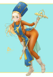 Rule 34 | 1girl, artist name, between legs, blonde hair, blue background, blue hat, blush, bodysuit, boots, braid, breasts, closed mouth, commentary request, cosplay, cross, cross print, crown braid, dororon1, dragon quest, dragon quest iii, eyelashes, forehead, full body, gloves, gold trim, green eyes, hair ornament, hairclip, hat, highres, holding, holding staff, leaning forward, letterboxed, long hair, looking at viewer, medium breasts, mitre, nintendo, orange bodysuit, parted bangs, pelvic curtain, pointy ears, priest (dq3), priest (dq3) (cosplay), princess zelda, print headwear, raised eyebrows, sidelocks, single braid, solo, staff, standing, tabard, the legend of zelda, the legend of zelda: breath of the wild, triforce, twitter username, white footwear, white gloves