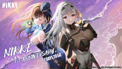 Rule 34 | 2girls, beach, black gloves, blue dress, breasts, brown hair, cleavage, closed eyes, closed mouth, dress, evening, fingerless gloves, garrison cap, gloves, goddess of victory: nikke, grey hair, hand in own hair, hand on own chest, hat, highres, large breasts, long hair, long sleeves, looking at viewer, marian (nikke), modernia (nikke), multiple girls, official art, outdoors, sand, second-party source, standing, teeth, v, water, yuri (chocho q)
