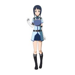Rule 34 | 1girl, armor, black footwear, blue eyes, blue hair, blue skirt, blunt bangs, boots, breastplate, closed mouth, elbow gloves, frown, full body, gloves, highres, knee boots, looking at viewer, miniskirt, mole, mole under eye, official art, pencil skirt, sachi (sao), short hair, short sleeves, skirt, solo, standing, sword art online, transparent background, white gloves