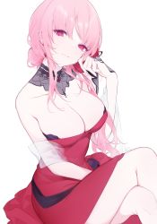 Rule 34 | 1girl, breasts, cleavage, dress, eyebrows hidden by hair, head tilt, highres, hololive, hololive english, crossed legs, looking at viewer, miyuki (miyuki0529), mori calliope, official alternate costume, pink eyes, pink hair, red dress, sitting, solo, virtual youtuber, white background
