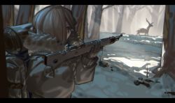 Rule 34 | 1girl, aiming, animal, backpack, bag, bare tree, brown eyes, brown hair, coat, deer, forest, fur-trimmed coat, fur trim, gun, highres, holding, holding gun, holding weapon, hunting, imminent death, lanzi (415460661), letterboxed, looking away, nature, original, rifle, snow, solo, tree, upper body, weapon, white coat, winter, winter clothes, winter coat