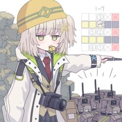 Rule 34 | 1girl, arknights, arm at side, black vest, camera, camera around neck, collared shirt, gameplay mechanics, green eyes, green jacket, hard hat, helmet, holding, holding wand, hood, hood down, hooded jacket, infection monitor (arknights), jacket, long sleeves, medium hair, mouth hold, necktie, notice lines, o o, open clothes, open jacket, orirock (arknights), outstretched arm, pointing, red necktie, robot, scene (arknights), shirt, side ponytail, sidelocks, simple background, solo, tkugane, two-sided fabric, two-sided jacket, vest, wand, whistle, white background, white jacket, white shirt