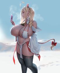 Rule 34 | 1girl, animal ears, black eyes, blonde hair, breasts, cellphone, cleavage, cow ears, cow girl, cow tail, detached collar, detached sleeves, earrings, eu03, flip phone, highres, holding, holding phone, horns, huge breasts, jewelry, loincloth, looking at phone, original, phone, ribbon, solo, standing, tail, thighhighs, thong, twintails