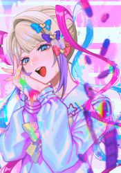 Rule 34 | 1girl, blue eyes, blue hair, blue jacket, bow, chouzetsusaikawa tenshi-chan, drill hair, glitch, hair bow, hands on own face, highres, holographic clothing, jacket, large bow, long sleeves, looking at viewer, multicolored hair, nail polish, needy girl overdose, noriuma, open mouth, own hands together, paint splatter, pin, pink hair, pink pupils, quad tails, sidelocks, solo, teeth, twin drills, upper teeth only, white hair, wig