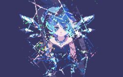 Rule 34 | 1girl, blue background, blue dress, blue eyes, blue hair, breaking, cirno, closed mouth, curly hair, dress, ice, ice wings, jewelry, loftyanchor, looking at viewer, necklace, pixel art, shattered, short hair, simple background, sparkle, strapless, strapless dress, touhou, wings